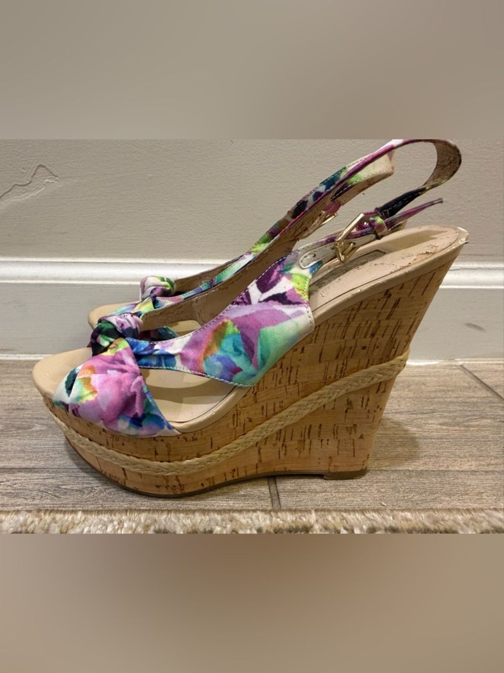 Guess Floral Multicolor Cork Wedge Sandals